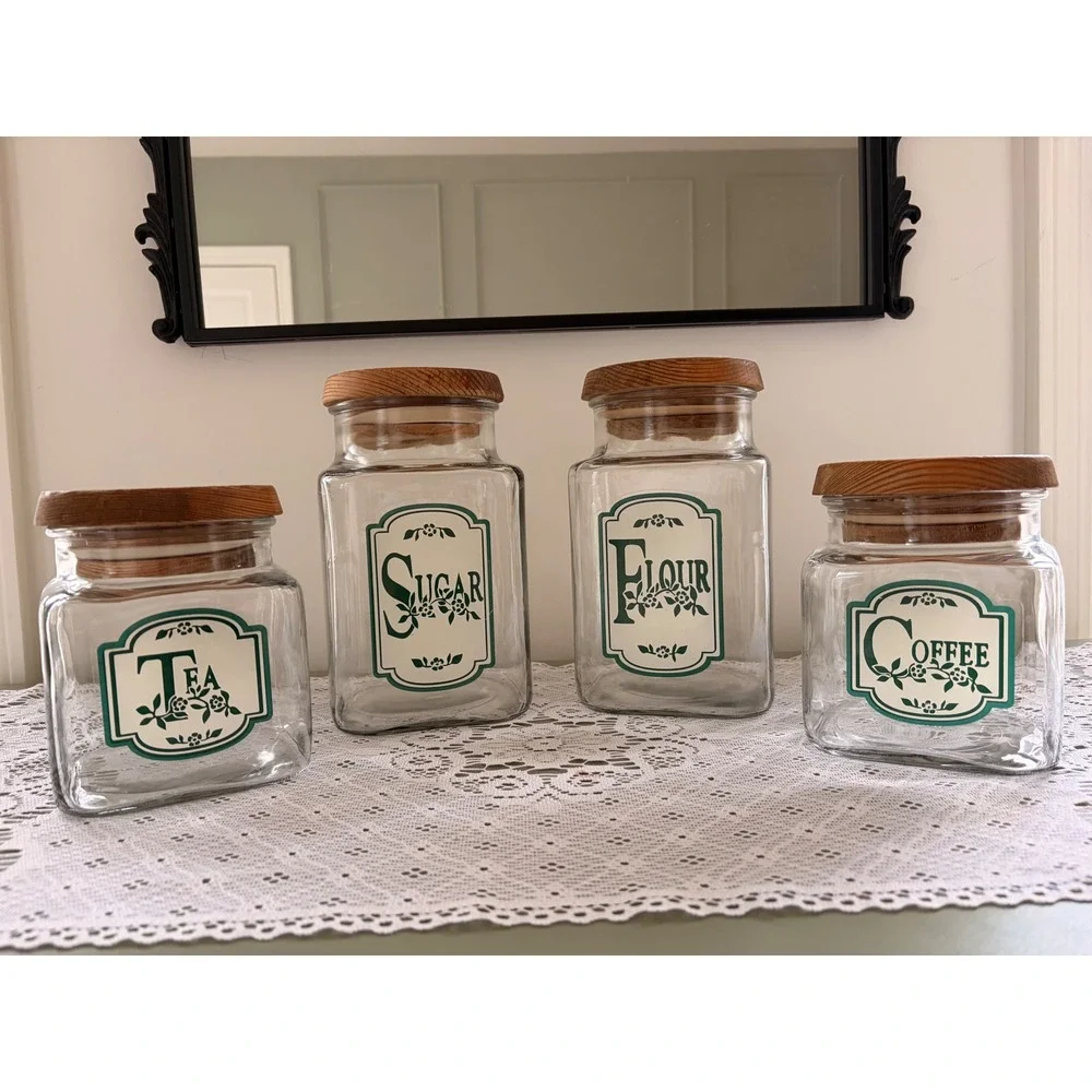 Vintage Anchor Hocking Glass Canister Set 4pc Green Floral Wood Lids